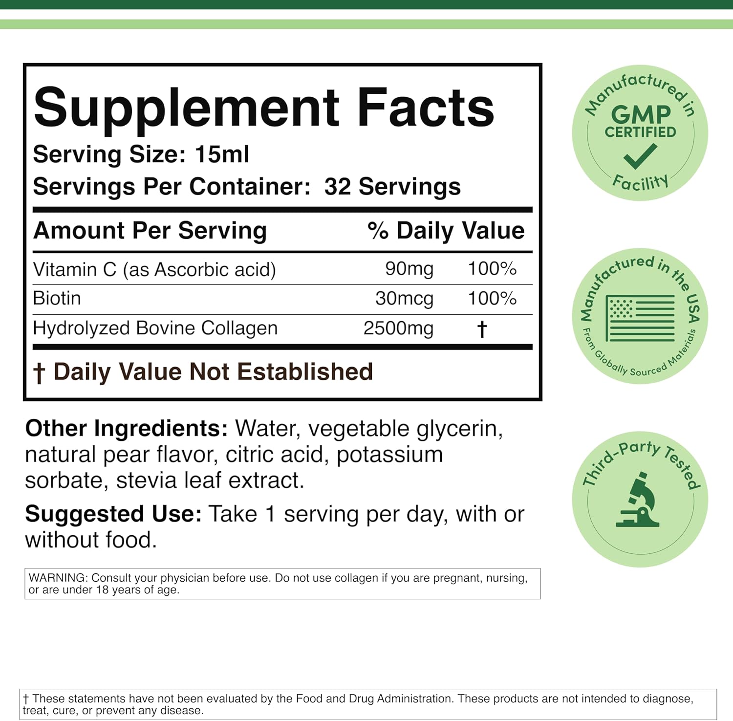 Double Wood Supplements Liquid Collagen 16 Fl Oz - Pear Flavoured