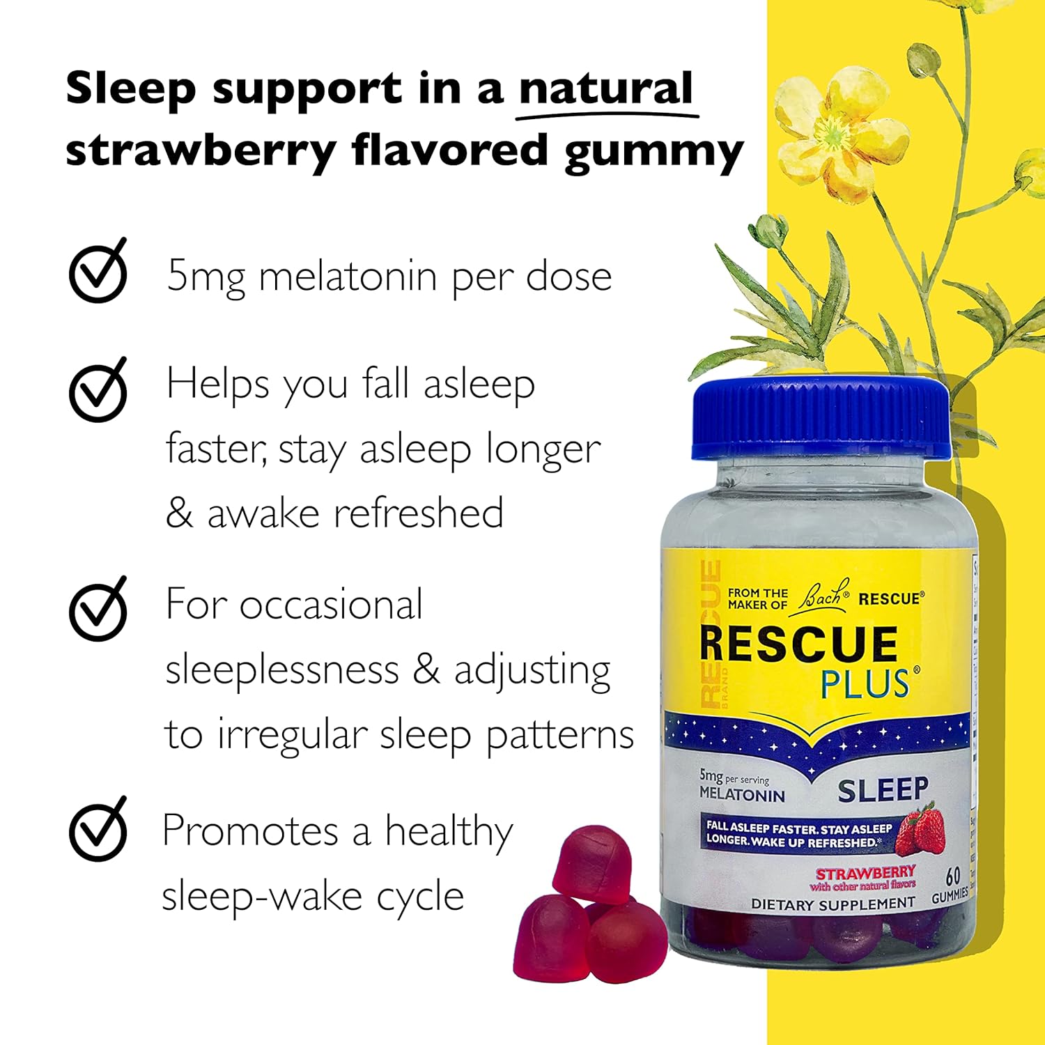Bach RESCUE PLUS Melatonin Sleep Gummies Strawberry, 60 count - Sleep Aid, Dietary Supplement, Vegan, Gluten-Free