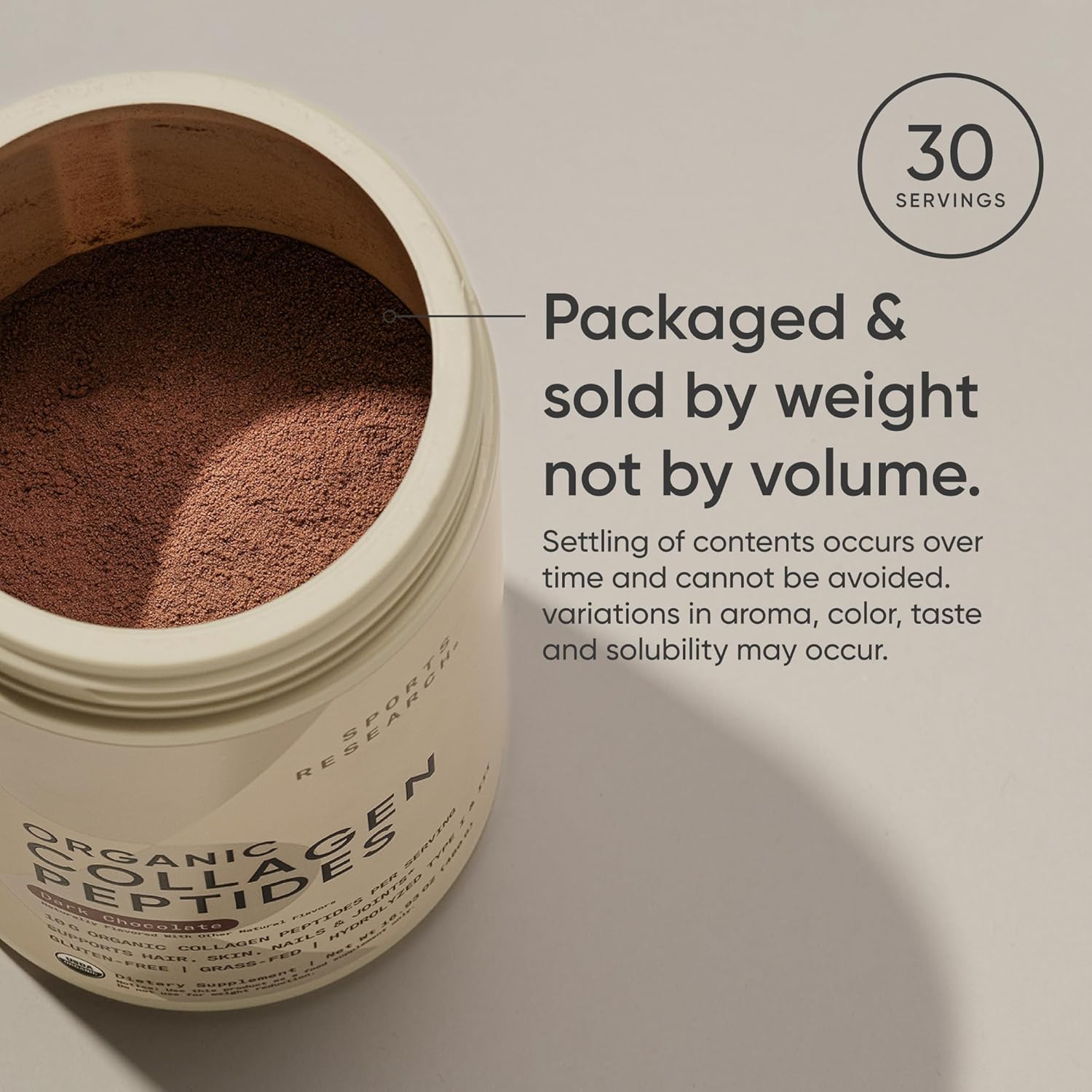 Sports Research Organic Collagen Peptides, Dark Chocolate, 480g - Hydrolyzed Type I & III Collagen Protein Powder with Amino Acids