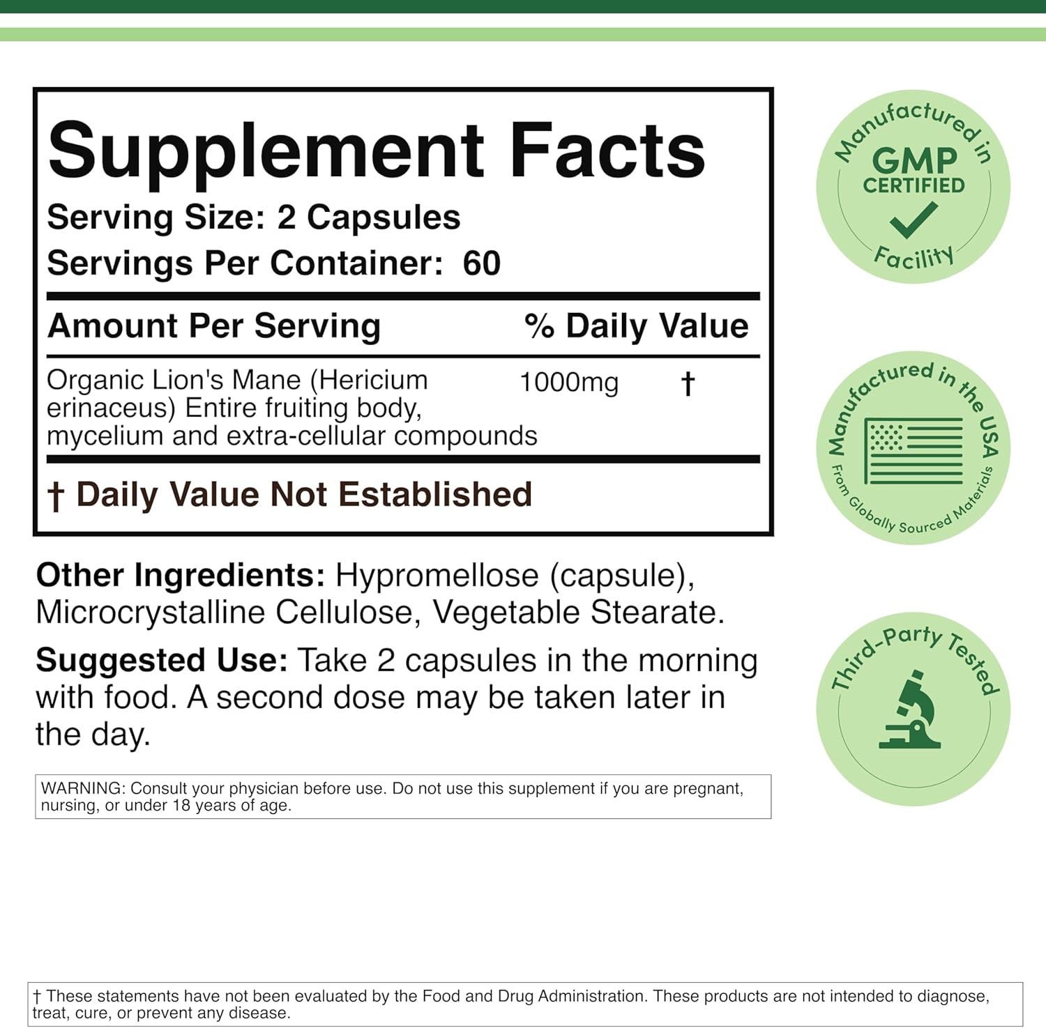 Double Wood Supplements Lions Mane Mushroom 500mg - 120 Capsules