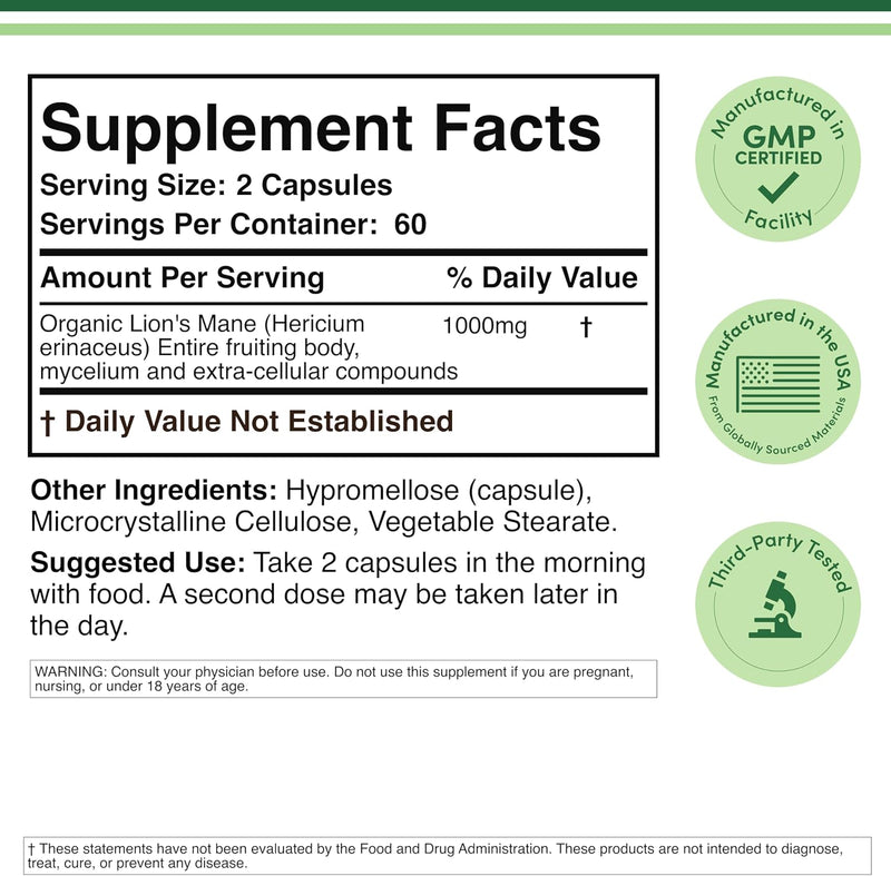 Double Wood Supplements Lions Mane Mushroom 500mg - 120 Capsules