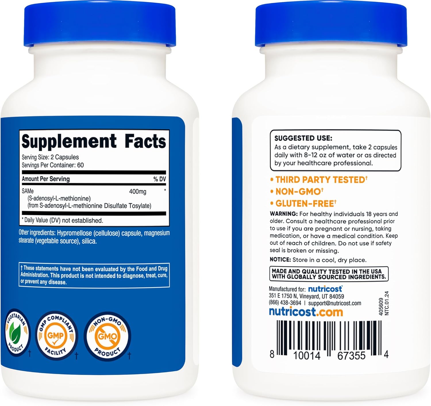 Nutricost SAM-e (S-Adenosyl-L-Methionine) 60 Servings, 120 Capsules - Non-GMO, Gluten Free, Vegetarian