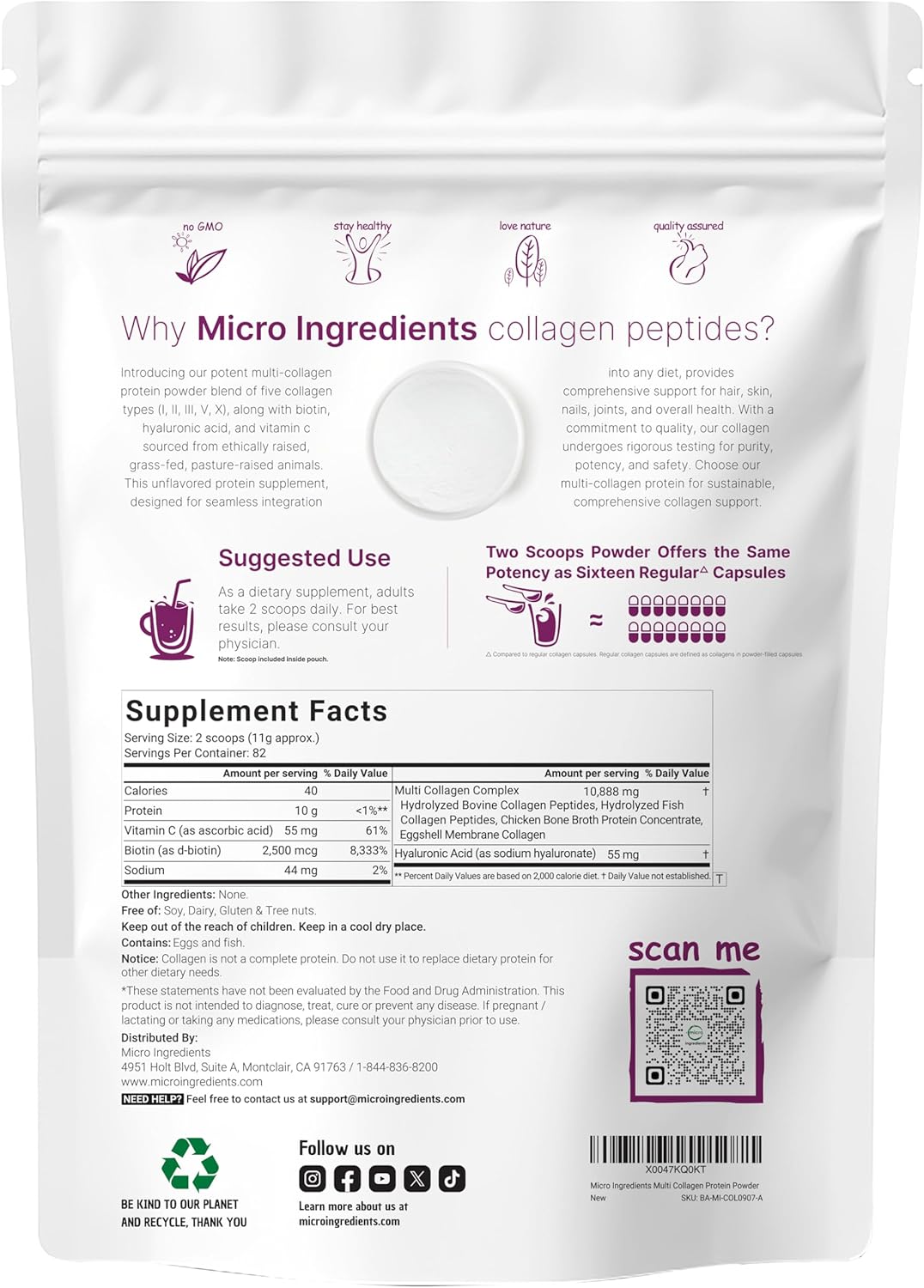 Micro Ingredients Multi Collagen Peptides, Type I, II, III, V, X, Unflavored, 2lb