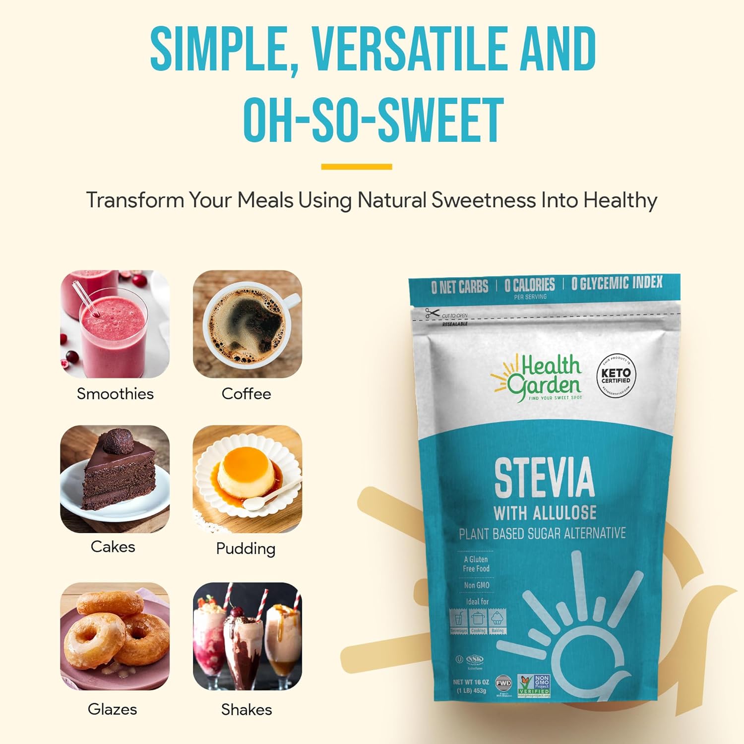 Health Garden Stevia with Allulose Sweetener 1lb - Ideal for Keto Diets