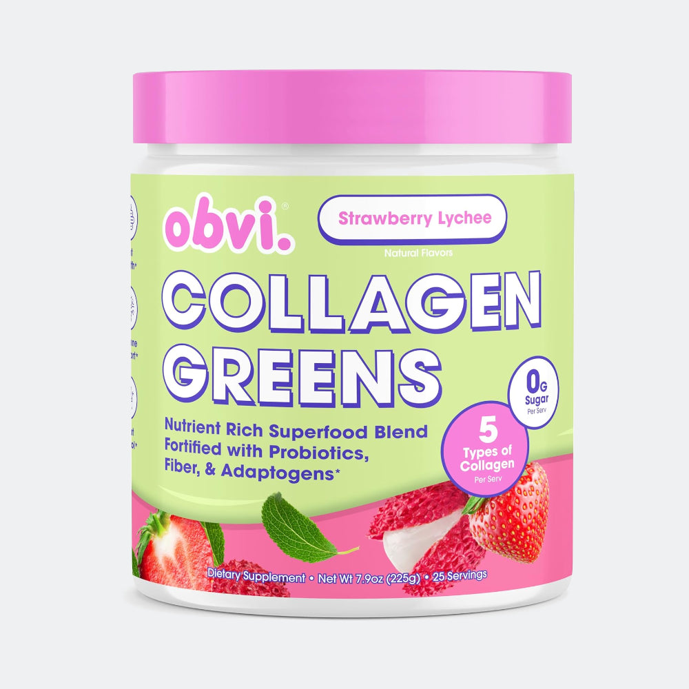 Obvi Collagen Greens, Strawberry Lychee, 25 Servings - Organic Greens Superfood Powder with Collagen Peptides