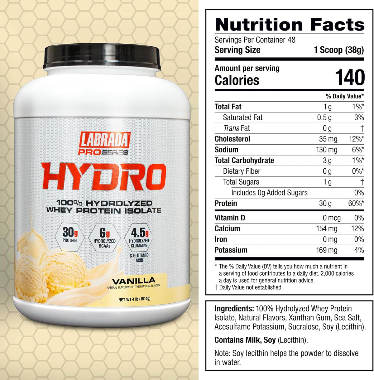 Labrada Hydro 100% Pure Hydrolyzed Whey Protein Isolate Powder 4lb - 48 servings