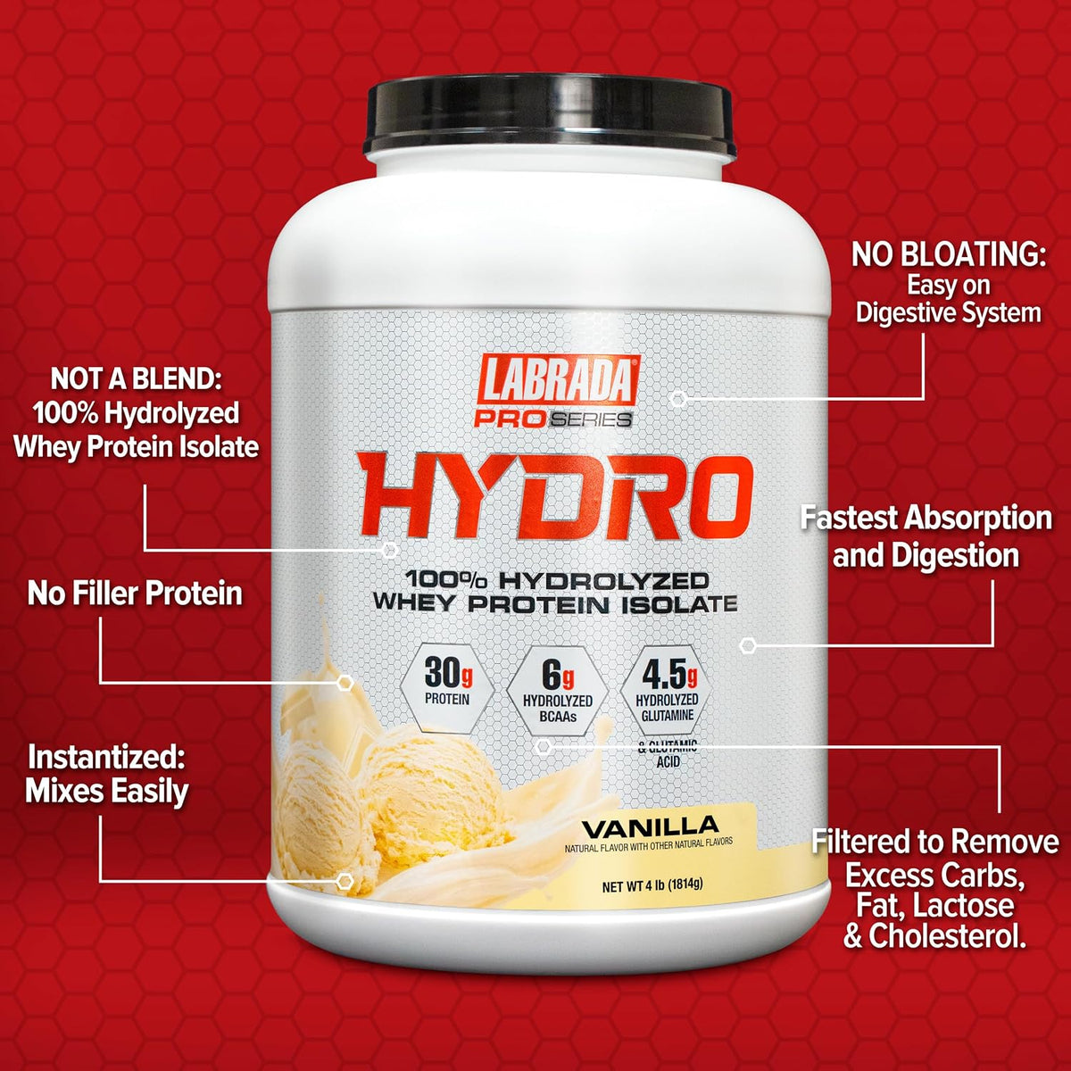 Labrada Hydro 100% Pure Hydrolyzed Whey Protein Isolate Powder 4lb - 48 servings