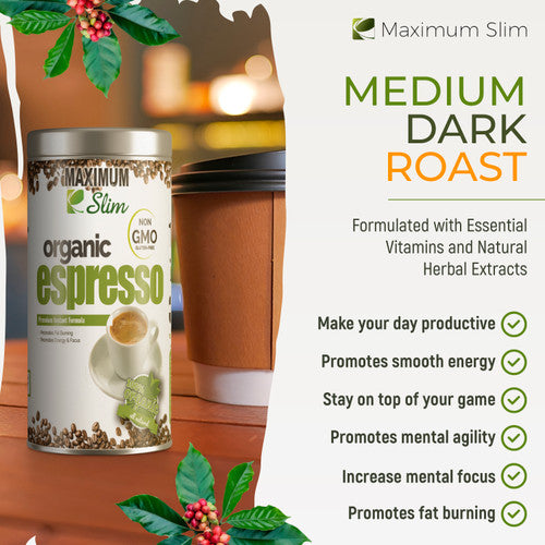 Maximum Slim Organic Espresso 20 serving - Rich & Smooth Coffee for Energy Boost