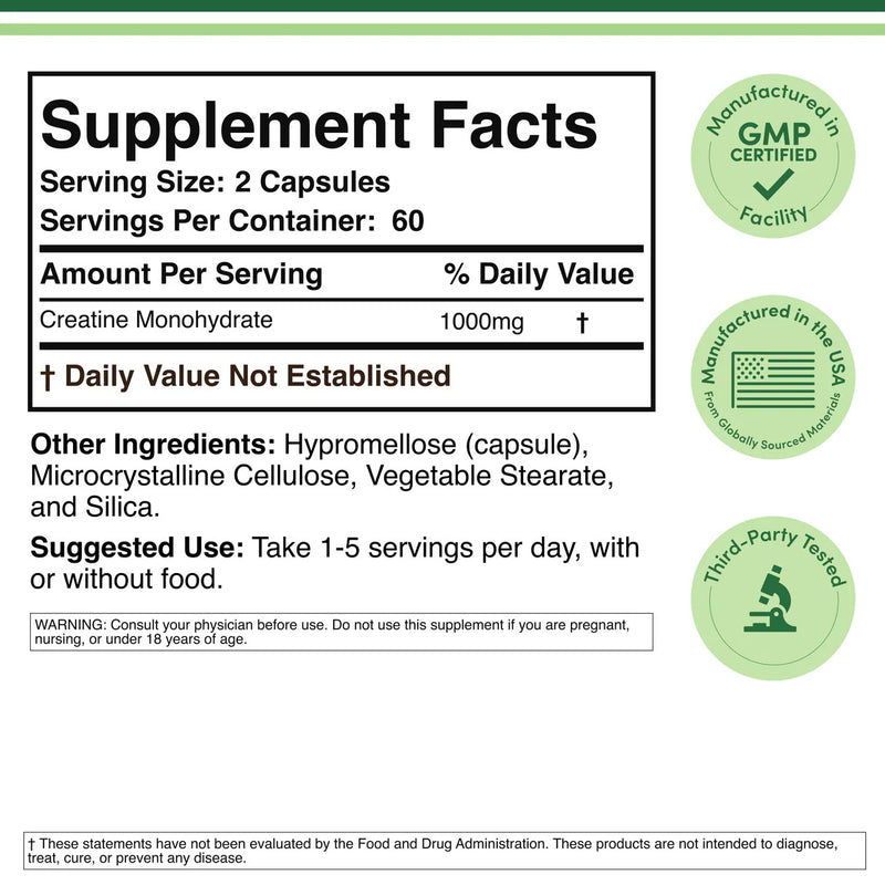 Double Wood Supplements Creatine Monohydrate 1000mg - 120 Capsules