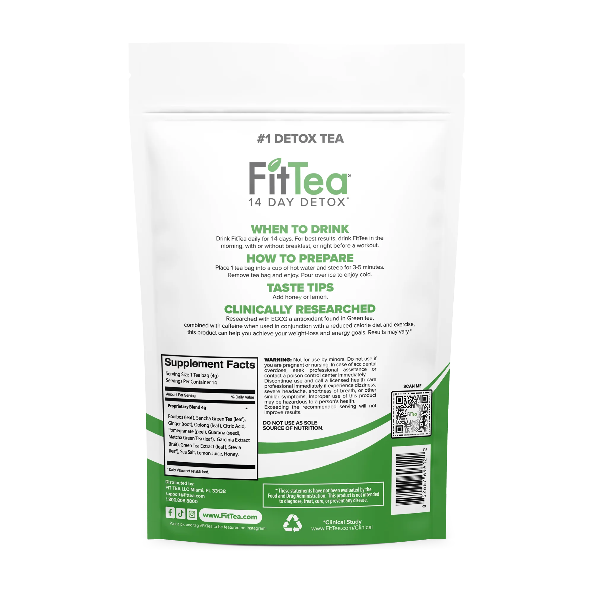 FitTea 14 Day Detox Tea with Organic Green Tea ECGC, Garcinia Cambogia and Ginger, 1.97oz