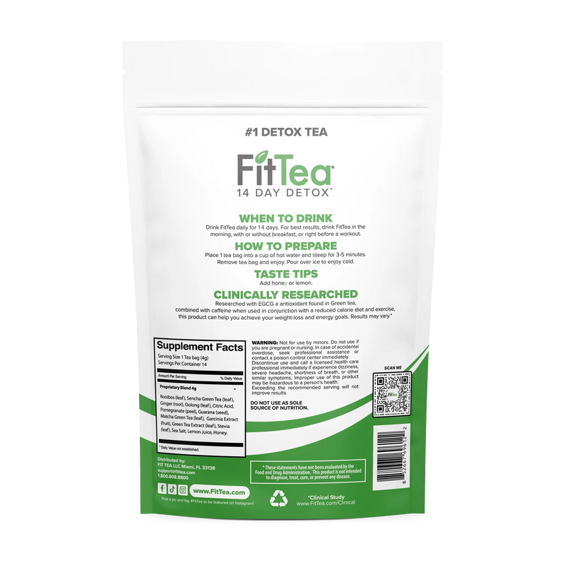 FitTea 14 Day Detox Tea with Organic Green Tea ECGC, Garcinia Cambogia and Ginger, 1.97oz