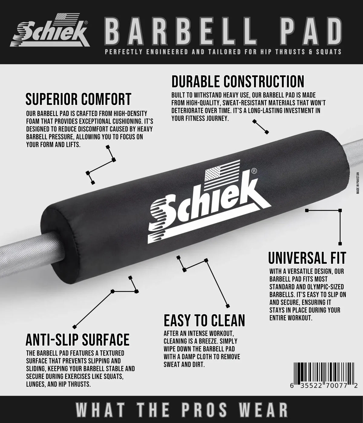 Schiek Barbell Pad - Durable Cushion Pad for Squats, Hip Thrust and Bench Press
