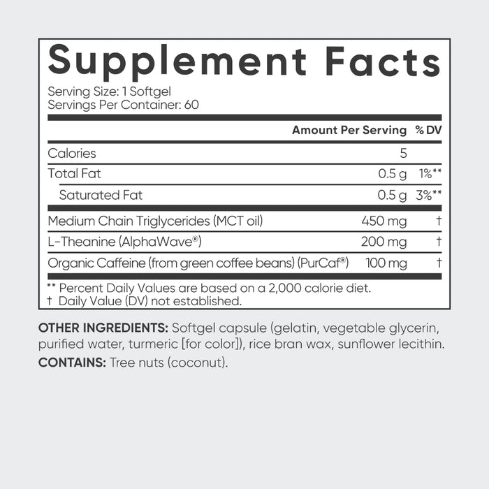 Sports Research L-Theanine 200 mg & Caffeine 100 mg made with MCT oil 60 Softgels