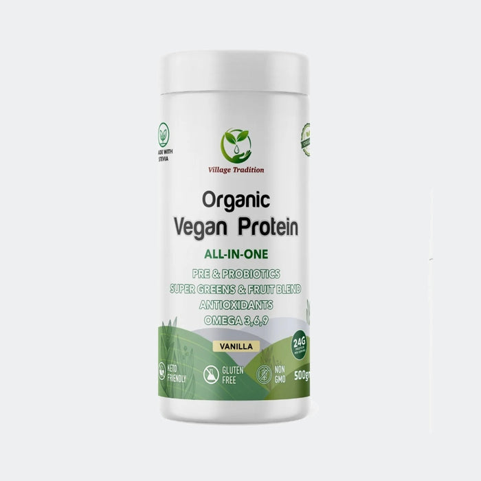 Village Tradition All In One Vegan Protein 500 gm Vanilla, Pre & Probiotics