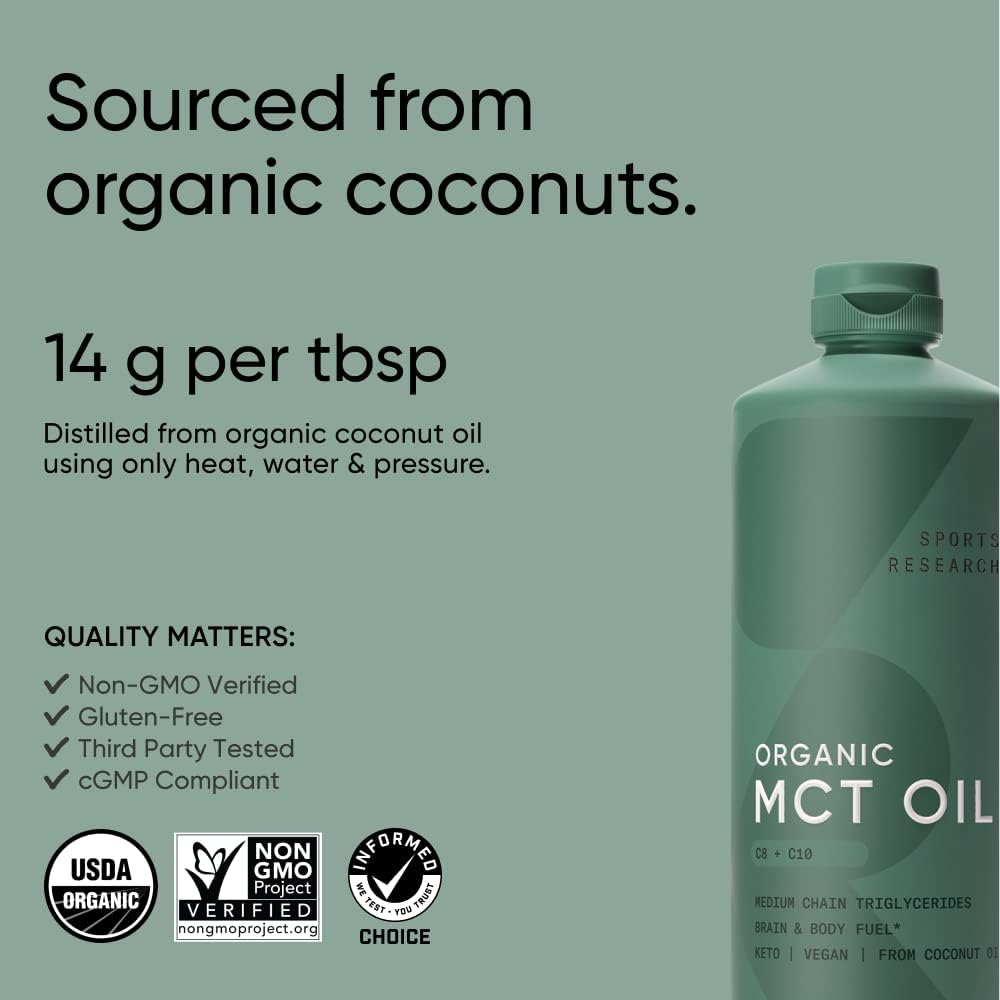 Sports Research MCT Oil C8 + C10 Medium Chain Triglycerides Vegan Keto Unflavored 32Fl Oz
