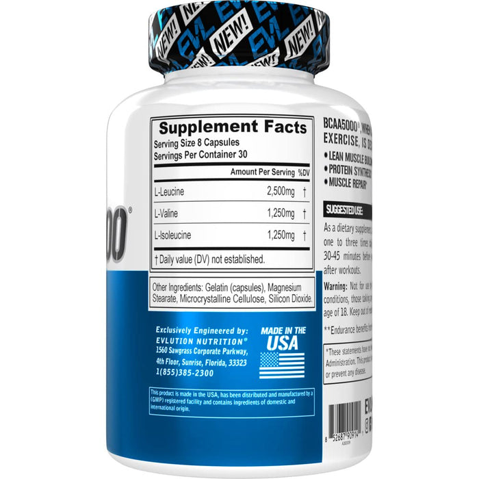 Evlution Nutrition BCAA 5000, 240 Capsules Muscle repair, Lean mass