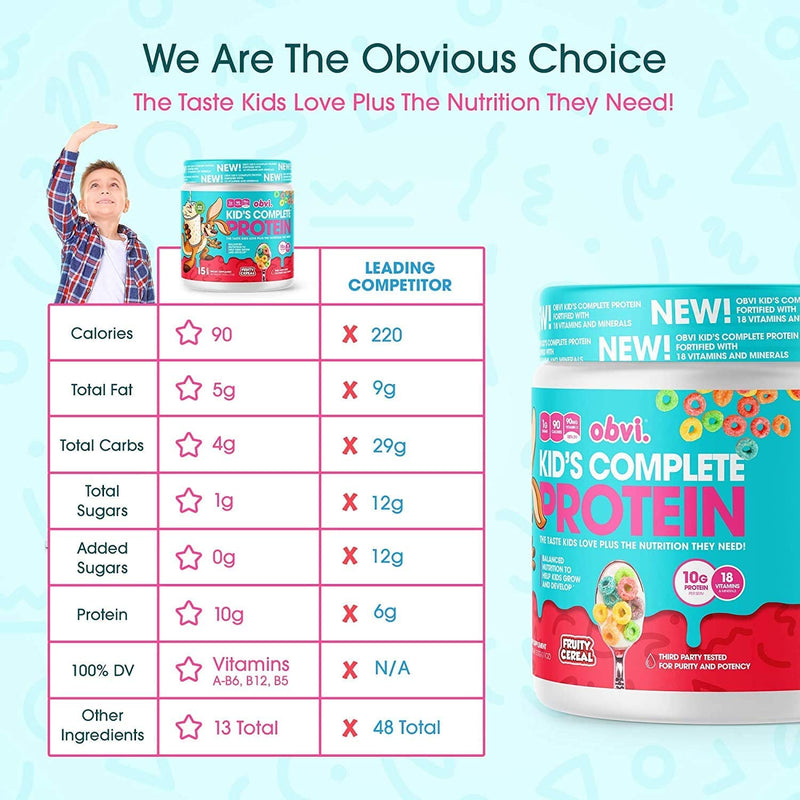 Obvi Kid's Complete Protein 15 Servings, Gluten Free,18 Vitamins & Minerals