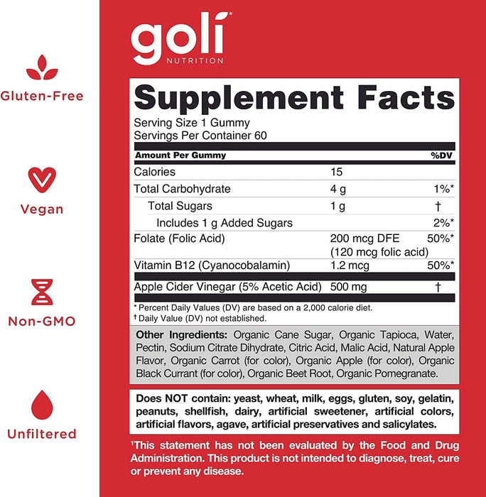 Goli Nutrition Apple Cider Vinegar Gummies 60pcs,Vitamins B9 & B12