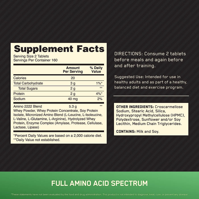 Optimum Nutrition Superior Amino 2222 Tablets, Complete Essential Amino Acids, EAAs